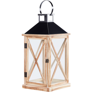 Beliani Pine Wood Lantern Brown 61 cm Pillar Candle Holder Glass Doors Indoor Decorative Piece Material:Pine Wood Size:22x61x24