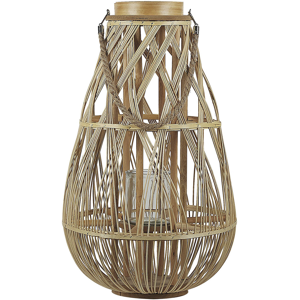 Beliani Lantern Light Bamboo Wood and Glass 56 cm Indoor Outdoor Woven Candle Holder Scandinavian Boho Material:Bamboo Wood Size:34x56x34