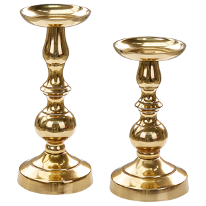 Beliani Set of 2 Candle Holders  Gold Metal Glossy Metallic Glamour  for Pillar Candles Material:Aluminium Size:12x23/27x12