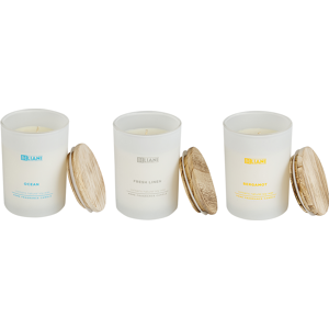 Beliani Set of 3 Scented Candles Multicolour 100% Soy Wax Cotton Wick White Glass Fragrance Ocean/Bergamot/Fresh Linen Material:Soy Wax Size:8x11x8