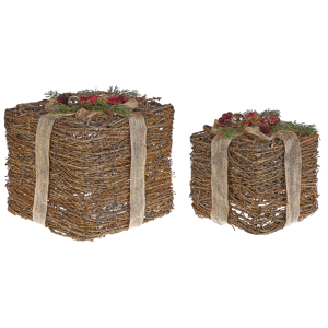 Beliani Decorative Gift Boxes Red Wooden Christmas Decor Set of 2 Square Various Sizes Rustic Design Material:Rattan Size:29/19x28/21x29/19