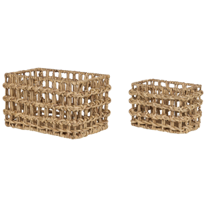 Beliani Set of 2 Baskets Light Water Hyacinth Metal Frame Handmade Home Accessory Small Storage Boho Rustic Style Living Room Bedroom Material:Water Hyacinth Size:25/35x18/22x15/25
