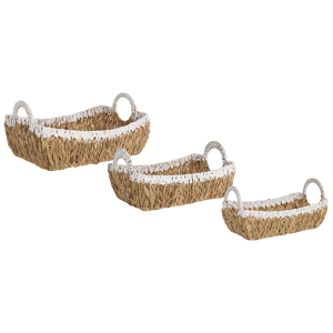 Beliani Set of 3 Baskets Light Water Hyacinth Metal Frame Handmade Home Accessory Small Storage Boho Rustic Style Living Room Bedroom Material:Water Hyacinth Size:35/40/45x18/20/22x20/25/30