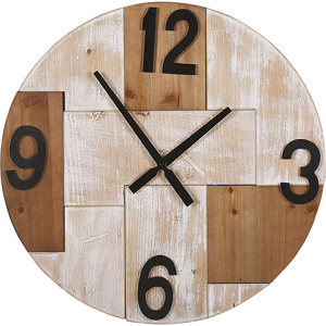 Beliani Wall Clock Light Wood Round ø 60 cm Handmade Face Black Hands Numbers Rustic Minimalist Material:MDF Size:4x60x60