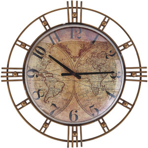 Beliani Wall Clock Gold Distressed Iron Frame Vintage Design Geographic Inspired Pattern 63 cm Material:Glass Size:7x63x63