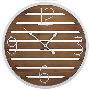 Beliani Wall Clock Dark Wood Round ø 50 cm Handmade Slatted Face White Metal Frame Material:Fir Wood Size:2x50x50