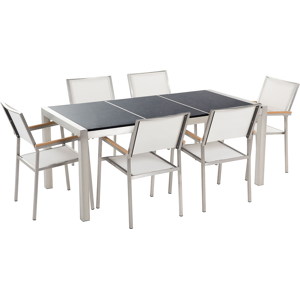 Beliani Garden Dining Set White with Black Granite Table Top 6 Seats 180 x 90 cm Triple Plate Material:Granite Size:xx