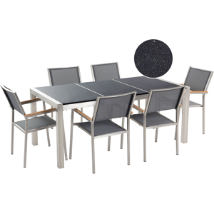 Beliani Garden Dining Set Grey with Black Granite Table Top 6 Seats 180 x 90 cm Triple Plate Material:Granite Size:xx