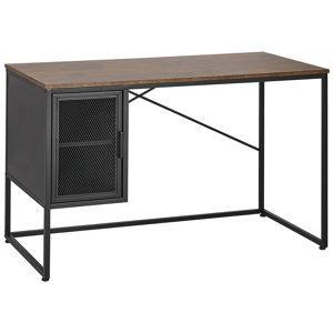 Beliani Desk Black with Dark Wood Particle Board Metal 60 x 118 cm Home office Cupboard Metal Mesh