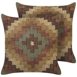 Beliani Set of 2 Scatter Cushions Multicolour Jute and Wool 45 x 45 cm Oriental Pattern Kilim Style Washed Colurs Material:Jute Size:45x10x45