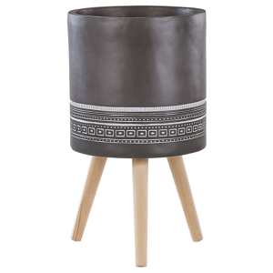 Beliani Grey Flower Pot ⌀ 34 cm Magnesium with White Hand Painted Pattern and 3 Beech Legs Round Boho Pot for Indoor and Outdoor Material:Magnesium Oxide Size:39x68x39