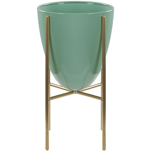 Beliani Plant Stand Green with Gold Iron 16 x 16 x 31 cm Indoor Outdoor Metal Flower Pot UV Resistant Modern Industrial Standing Planter Material:Iron Size:16x31x16