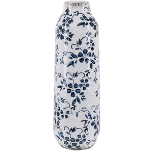 Beliani Flower Vase White and Blue Stoneware Tall 30 cm Floral Pattern Distressed Waterproof Material:Stoneware Size:10x30x10