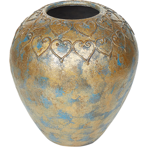 Beliani Decorative Vase Gold Blue Terracotta 33 cm Oval Antiqued Look Material:Terracotta Size:28x33x28