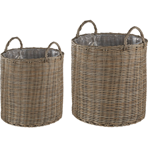 Beliani Set of 2 Plant Baskets Brown Rattan Round with Handles Synthetic Inlay Material:PE Rattan Size:40/48x54/63x40/48