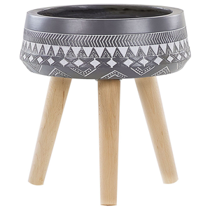Beliani Flower Pot Grey 35 x 35 x 14 cm with 3 Wooden Legs Round Boho Indoors Outdoors Material:Magnesium Oxide Size:35x37x35