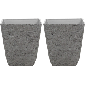 Beliani Set of 2 Plant Pots Grey Stone Polyresin 49 x 49 x 53 cm Indoor Outdoor Square Material:Stone Powder Size:49x53x49