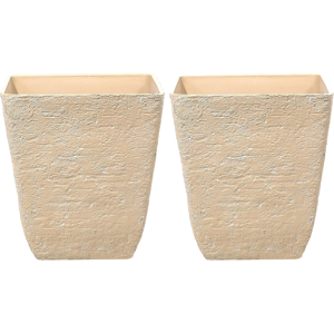 Beliani Set of 2 Plant Pots Beige Stone Polyresin 49 x 49 x 53 cm Indoor Outdoor Square Material:Stone Powder Size:49x53x49