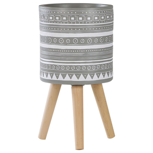 Beliani Flower Pot Light Grey 30 x 30 x 31 cm White Hand Painted Pattern 3 Legs Beech Round Boho Indoors Outdoors Material:Magnesium Oxide Size:30x55x30