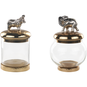 Beliani Set of 2 Decorative Containers Gold and Silver Aluminium Jars Animal Motif Lids Transparent Material:Aluminium Size:12x22/28x12