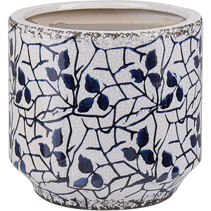 Beliani Flower Vase White Blue Stoneware Flower Pattern Waterproof Distressed Look Retro Design Material:Stoneware Size:17x15x17