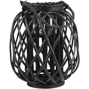 Beliani Lantern Black Willow Wood and Glass 30 cm Indoor Outdoor Scandinavian Material:Willow Wood Size:25x30x25