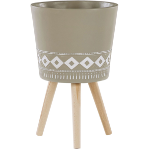 Beliani Plant Stand Taupe Ceramic Round 41 x 41 cm Solid Wood Legs Modern Scandinavian Tall Plant Pot Planter Material:Magnesium Oxide Size:41x63x41