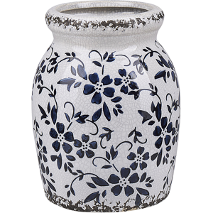 Beliani Flower Vase White with Navy Blue Stoneware Waterproof Crackle Effect Weathered Floral Pattern Material:Stoneware Size:14x18x14