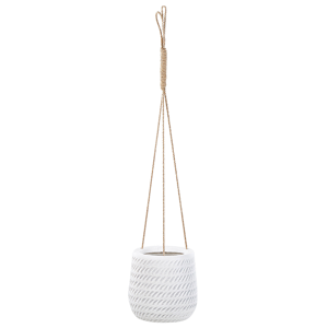 Beliani Hanging Plant Pot Off-White Fibre Clay ⌀ 20 cm Round Jute String Flower Pot Embossed Pattern Material:Fibre Clay Size:20x21x20