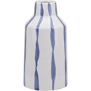 Beliani Flower Vase White with Blue Stoneware Striped Crackle Effect Weathered Vintage Style Material:Stoneware Size:12x22x12