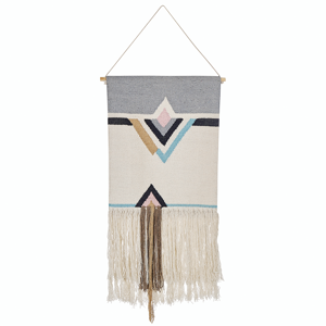 Beliani Wall Hanging Beige Cotton 46 x 116 cm Handwoven with Tassels Geometric Pattern Wall Décor Boho Style Living Room Bedroom Material:Cotton Size:1x116x46