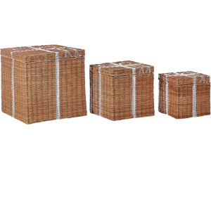 Beliani Storage Decorative Gift Boxes Brown Rattan Christmas Decor Set of 3 Square Various Sizes Rustic Design Material:Rattan Size:24/30/40x24/30/40x24/30/40