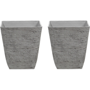 Beliani Set of 2 Plant Pots Grey Stone Polyresin 39 x 39 x 43 cm Indoor Outdoor Square Material:Stone Powder Size:39x43x39