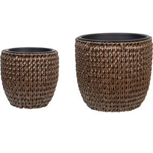 Beliani Set of 2 Plant Pots Brown PE Rattan Round Indoor Outdoor with Plastic Insert Material:PE Rattan Size:34/45x34/42x34/45