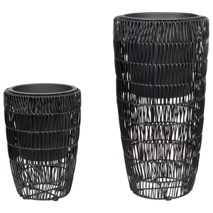 Beliani Set of 2 Plant Pots Black PE Rattan Round Indoor Outdoor with Plastic Insert Material:PE Rattan Size:26/34x40/66x26/34