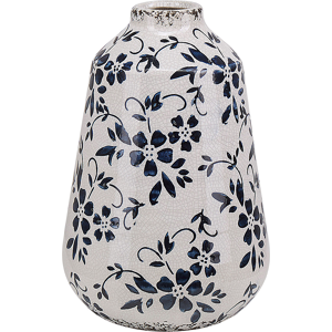 Beliani Flower Vase White and Blue Stoneware 20 cm Distressed Look Indoor Pot Decoration Waterproof Material:Stoneware Size:14x20x14