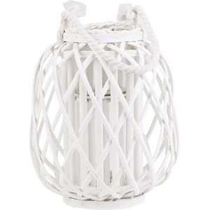 Beliani Lantern White Willow Wood and Glass 30 cm Indoor Outdoor Scandinavian Material:Willow Wood Size:25x30x25