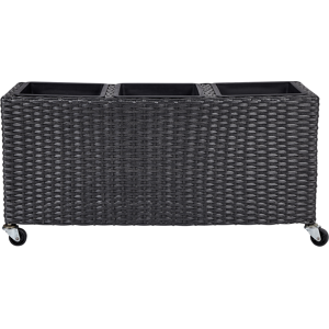 Beliani Wheeled Plant Pot Black PE Rattan Indoor Outdoor Garden Bed with 3 Inserts Material:PE Rattan Size:28x40x82