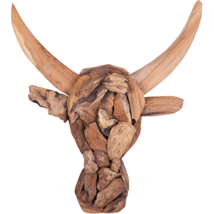 Beliani Decorative Wall Bull Head with Horns Light Wood Teak Wood 34 x 28 cm Rustic Material:Teak Wood Size:7x34x28