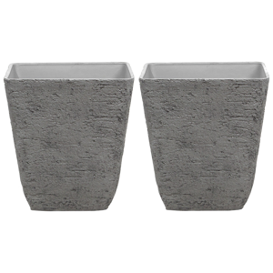 Beliani Set of 2 Plant Pots Grey Stone Polyresin 49 x 49 x 53 cm Indoor Outdoor Square Material:Stone Powder Size:49x53x49