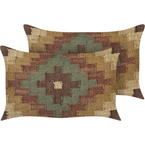 Beliani Set of 2 Scatter Cushions Multicolour Jute and Wool 30 x 50 cm Oriental Pattern Kilim Style Washed Colurs Material:Jute Size:50x10x30