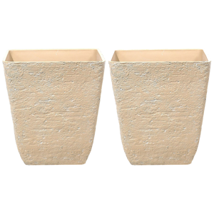 Beliani Set of 2 Plant Pots Beige Stone Polyresin 49 x 49 x 53 cm Indoor Outdoor Square Material:Stone Powder Size:49x53x49