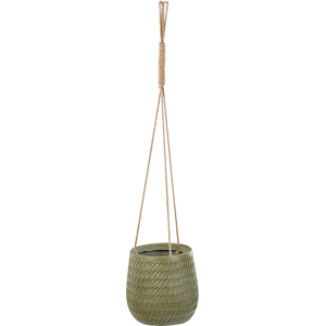 Beliani Hanging Plant Pot Green Fibre Clay ⌀ 20 cm Round Jute String Flower Pot Embossed Pattern Material:Fibre Clay Size:20x21x20