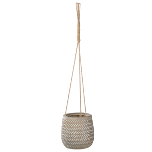 Beliani Hanging Plant Pot Taupe Fibre Clay ⌀ 20 cm Round Jute String Flower Pot Embossed Pattern Material:Fibre Clay Size:20x21x20