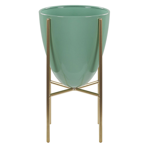 Beliani Plant Stand Green with Gold Iron 16 x 16 x 31 cm Indoor Outdoor Metal Flower Pot UV Resistant Modern Industrial Standing Planter Material:Iron Size:16x31x16