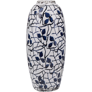 Beliani Flower Vase White and Blue Stoneware Home Accessory Waterproof Floral Pattern Retro Style Distressed Material:Stoneware Size:12x25x12