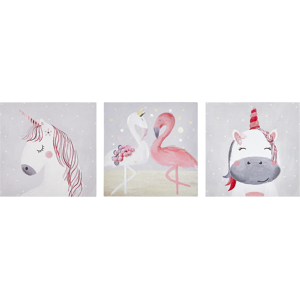 Beliani Set of 3 Art Prints Grey and Pink Polyester Canvas 30 x 30 cm Mounting Hooks Kids Room Material:Polyester Size:3x30x30