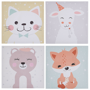 Beliani Set of 4 Canvas Prints Multicolour 30 x 30 cm Wall Art Sheep Cat Bear Fox Kids Room Material:Nylon Size:3x30x30