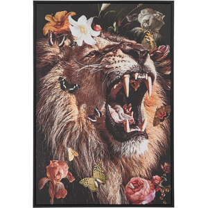 Beliani Framed Canvas Wall Art Multicolour 63 x 93 cm Lion Print Animal Floral Motif Modern Boho Wall Décor for Living Room Bedroom Material:Polyester Size:5x93x63