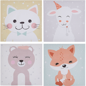 Beliani Set of 4 Canvas Prints Multicolour 30 x 30 cm Wall Art Sheep Cat Bear Fox Kids Room Material:Nylon Size:3x30x30